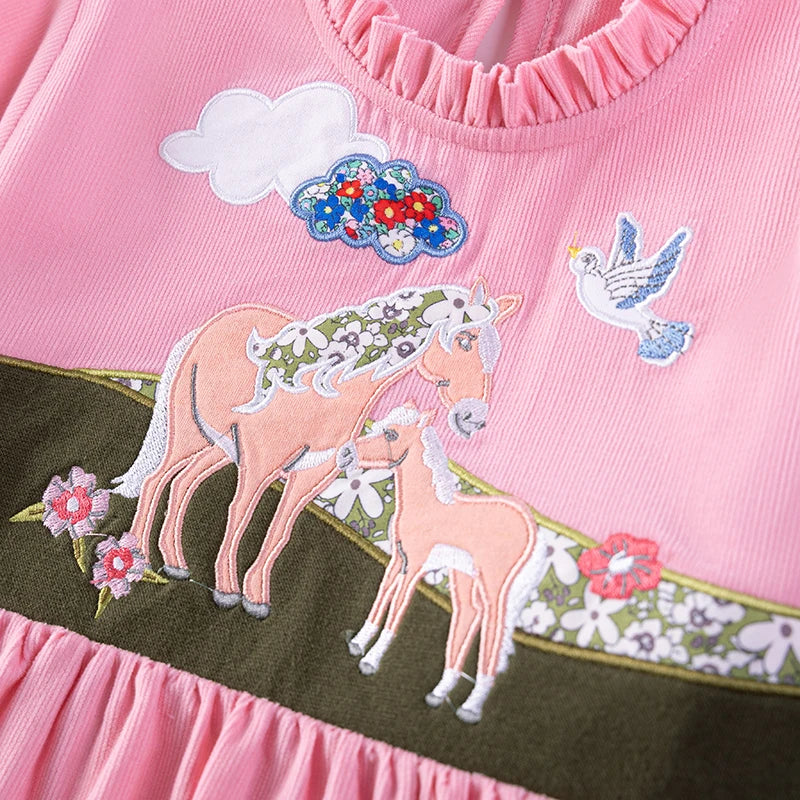 Little maven Children's Clothing Baby Girls 2025 Summer Embroidered Cartoon Casual Unicorns Dresses Pink Dresses Kids Clothes