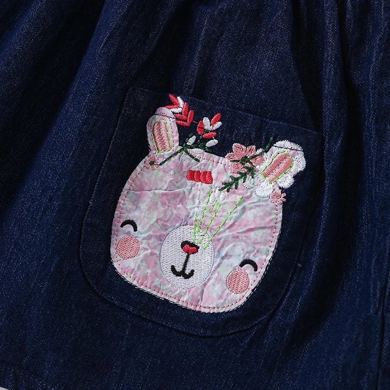 Little maven Kids Clothes Children's Clothing Baby Girls 2024 Autumn Cotton Long Sleeves Cartoon Rabbits Princess Denim Dresses