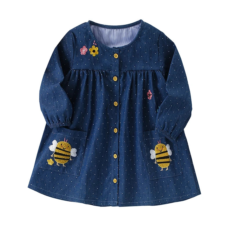 Little maven Kids Clothes Children's Clothing Baby Girls 2024 Autumn Cotton Long Sleeves Cartoon Rabbits Princess Denim Dresses