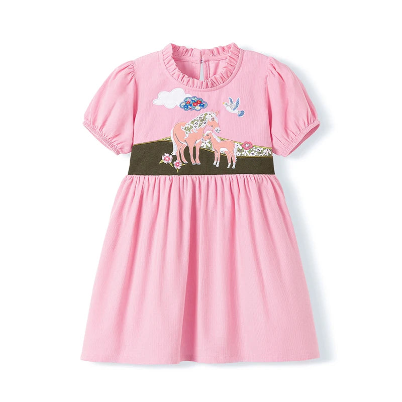 Little maven Children's Clothing Baby Girls 2025 Summer Embroidered Cartoon Casual Unicorns Dresses Pink Dresses Kids Clothes