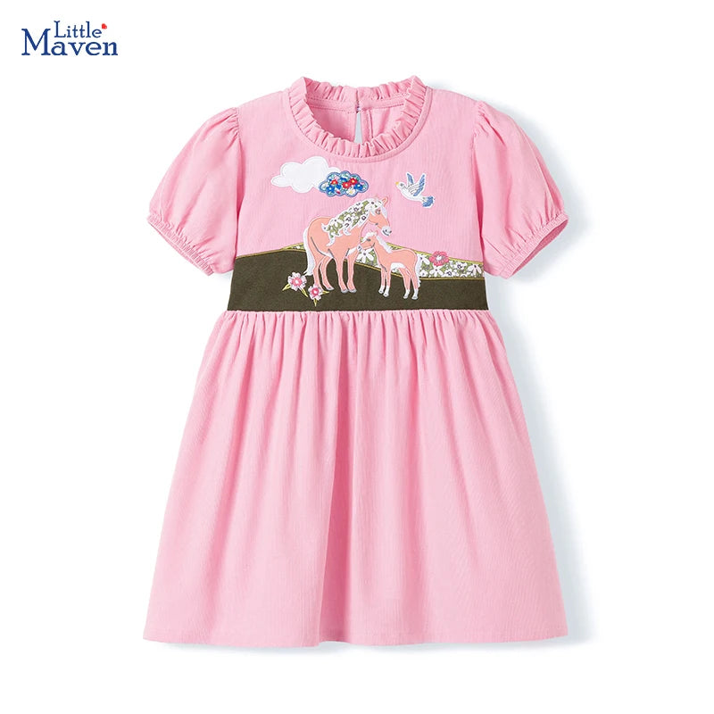 Little maven Children's Clothing Baby Girls 2025 Summer Embroidered Cartoon Casual Unicorns Dresses Pink Dresses Kids Clothes